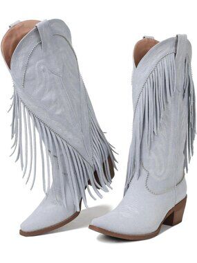 Women's Sky Blue Suede Toe Pull On Block Chunky Heel Embroider Cowgirl Boot